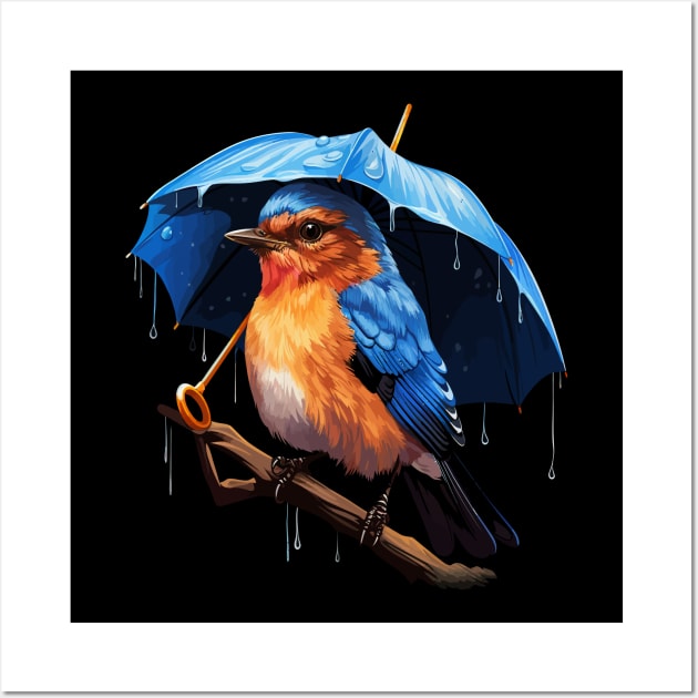 Eastern Bluebird Rainy Day With Umbrella Wall Art by JH Mart